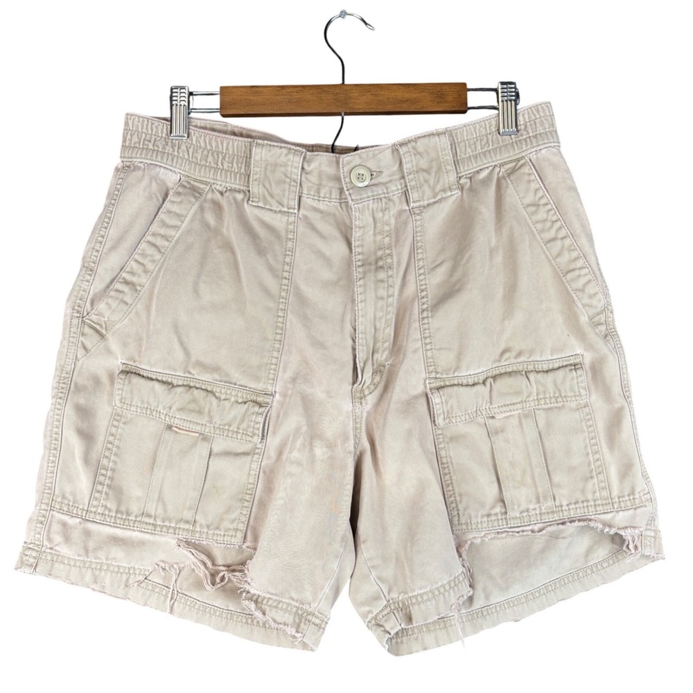 Roundtree & Yorke Mens Cargo Shorts Khaki Tan Cotton Size 34W Distressed